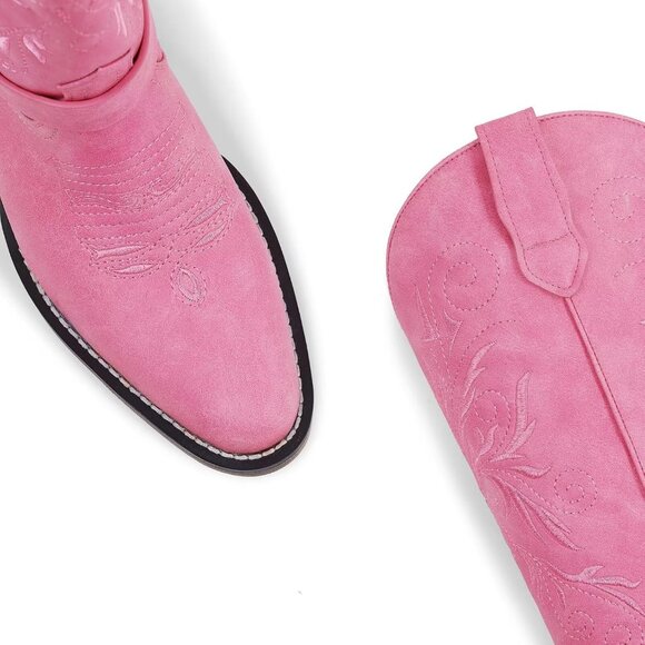 Women's Embroidered Pink Removable Belt Low Block Heel Round Western Boots - Picture 3 of 6